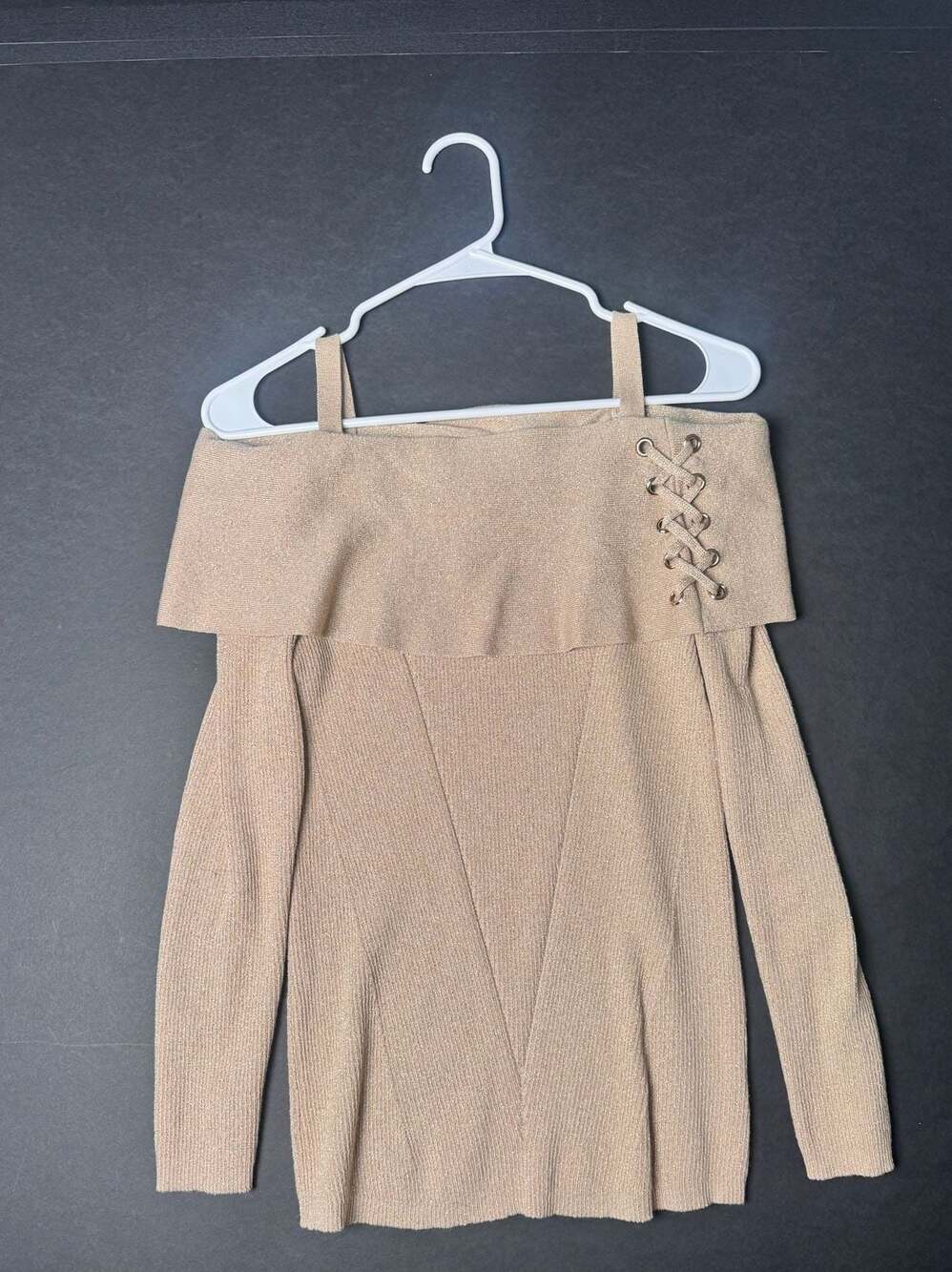 Thalia Sodi Metallic Knit Cold Shoulder Top with Lace-Up Detail